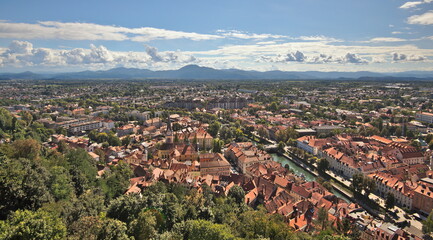 Ljubljana City Center Aerial View during a Sunny Day, Slovenia