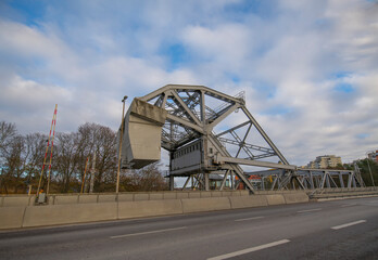 The bascule bridge Danviksbron, mechanism and counterweight, an autumn day in Stockholm