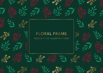 Floral Decorative Frame, Gold and Green and Red Plant Illustrations on Green Background