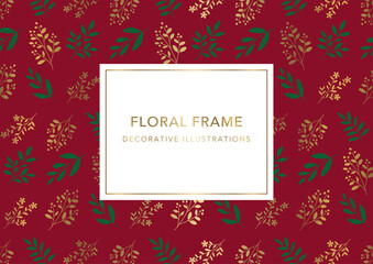 Floral Decorative Frame, Gold and Green Plant Illustrations on Red Background