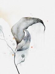 drawing of a branch with leaves and watercolor splashes on a white background