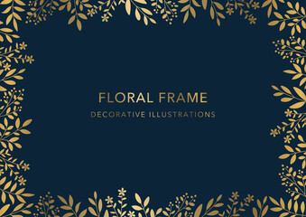 Obraz na płótnie Canvas Floral Frame, Decorative Template, Golden Plant on Navy Background