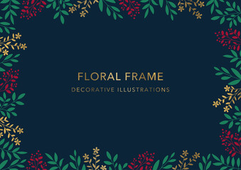 Fototapeta na wymiar Floral Frame, Decorative Template, Leaves and Flower on Navy Background
