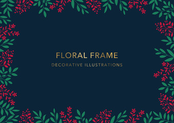 Fototapeta na wymiar Floral Frame, Decorative Template, Leaves and Flower on Navy Background 