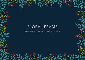 Fototapeta na wymiar Floral Frame, Decorative Template, Leaves and Flower on Navy Background