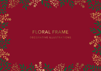 Obraz na płótnie Canvas Floral Frame, Decorative Template, Leaves and Flower on Red Background