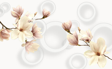 light beige background with three-dimensional circles and two branches of orchids