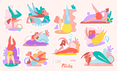 Funny young women doing pilates in various poses