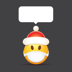 Vector Emoji sticker with mouth medical protection mask and santa claus red hat isolated on grey background. Yellow santa smile face character with Christmas hat and white surgeon mask.