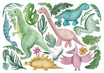 Dinosaurs and tropical plant leaves. Watercolor illustration