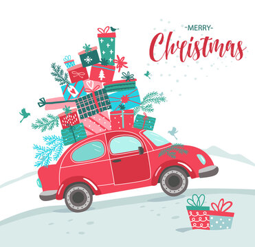 Christmas and new year card with red car and Christmas gifts. Christmas picture. Red pickup. New year illustration delivery service.