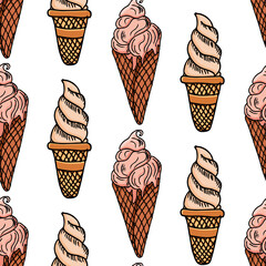 Hand drawn seamless pattern of Ice cream in sketch style. Dessert isolated on white background.