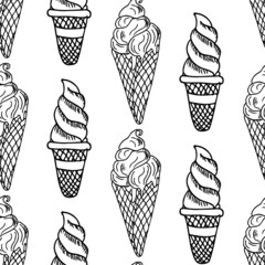 Hand drawn seamless pattern of Ice cream in sketch style. Dessert isolated on white background.
