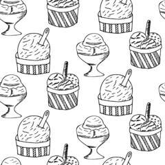 Hand drawn seamless pattern of Ice cream in sketch style. Dessert isolated on white background.