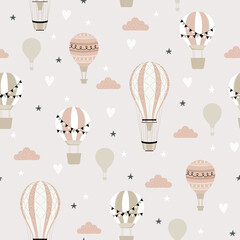 Pink hot air ballon and clouds seamless childish pattern. Hand drawn repeat pattern for wrapping, fabrik, textile or paper projects. Vector illustration.
