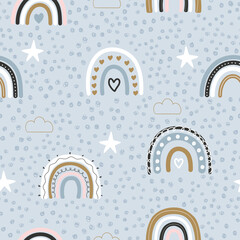 Multicolored rainbows, white stars and clouds seamless repeat pattern. Hand drawn repeat pattern for wrapping, fabrik, textile or paper projects. Vector illustration.
