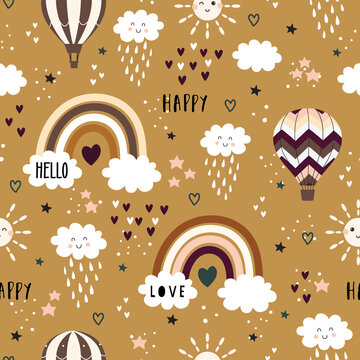 Hot air ballon, happy rainbows, clouds and sun seamless childish pattern. Hand drawn repeat pattern for wrapping, fabrik, textile or paper projects. Vector illustration.