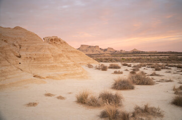red sunset in Bardenas Reales desert in Navarre, Spain