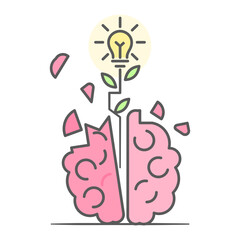 Light bulb plant coming out of a human brain. Creative idea, imagination concept. Flat style illustration. Isolated on white background. 