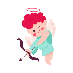 Fototapeta na wymiar Valentine's day concept with cute cupid shooting a bow. Cupid boy isolated on white background. Vector hand drawn illustration