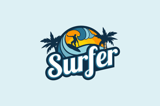 surfer logo with a combination of a man, waves, beach, palm, and stylish lettering.