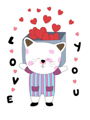 Collection Happy Valentine's Day with cute cats. Design a Valentine-themed doodle style for cards, posters, backgrounds, t-shirt designs, digital prints, covers, pillow, decoration, mugs  and more 