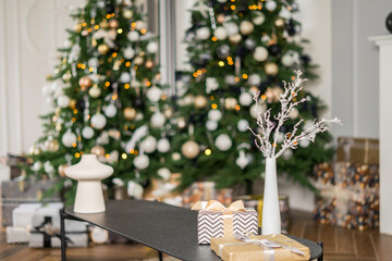 festively decorated Christmas tree. Background for happy new year. free space for text. merry Christmas.