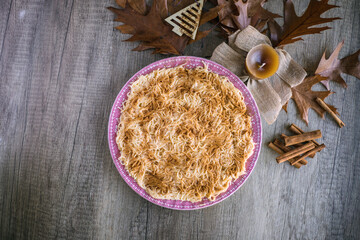 Aletria, a typical dish of Portuguese cuisine, very popular at Christmas parties. Top view and left copy space