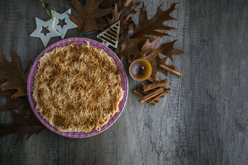 Aletria, a typical dish of Portuguese cuisine, very popular at Christmas parties. Top view and...