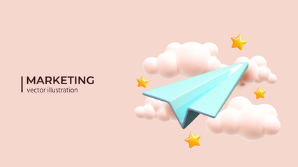 Blue paper plane in pink sky. Realistic 3d design. Concept Online social network. Business communication applications. Marketing concept. Vector illustration - 469301706