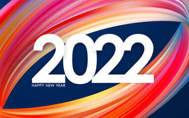 Vector illustration: Happy New Year 2022. Greeting card with colorful abstract paint stroke shape. Trendy design.