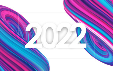 Vector illustration: Happy New Year 2022. Greeting card with colorful abstract fluid twisted shape. Trendy design.