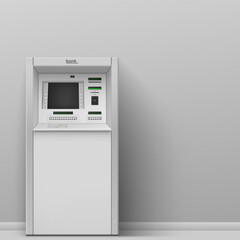 Realistic ATM machine empty gray indoor outdoor vector illustration. Portable bank office technology - obrazy, fototapety, plakaty