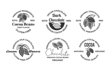 Premium cocoa beans monochrome circle badge with place for text set vector flat illustration