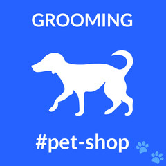 Silhouette of a cute white dog on a blue background, the inscription: "grooming, pet shop"