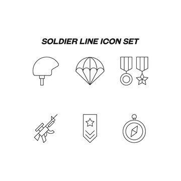 Industry concept. Collection of modern high quality soldier line icons. Editable stroke. Premiul linear symbols of helmet, military award, parachute, gun, weapon, compass, epaulette