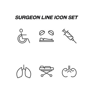 Industry concept. Collection of modern high quality surgeon line icons. Editable stroke. Premiul linear symbols of wheelchair, patient, syringe, kidney, gallbladder