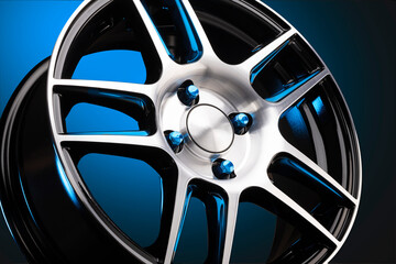 sporty lightweight new alloy wheel with blue steel nuts on a gradient blue background, a beautiful...