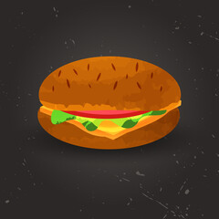 Hamburger with salad, sausage, cheese and sesame seeds. Watercolor vector illustration.