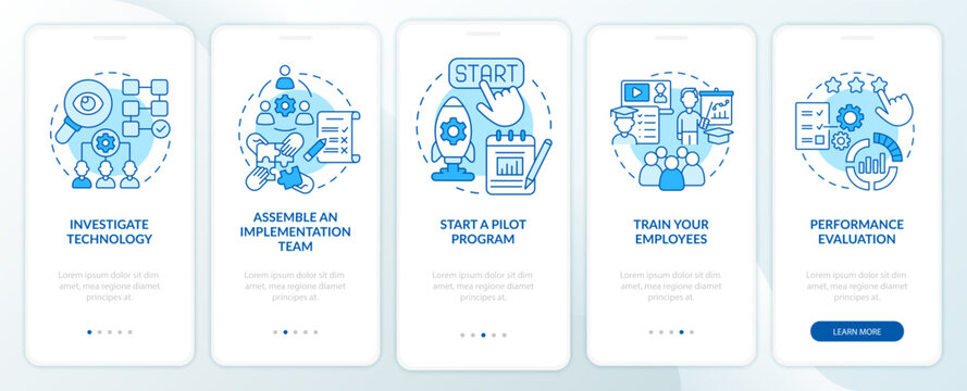 Technology integration steps onboarding mobile app page screen. Innovation process walkthrough 5 steps graphic instructions with concepts. UI, UX, GUI vector template with linear color illustrations