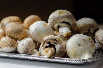 Portobello and white mushrooms on a silver plate, vegetables from an organic farm