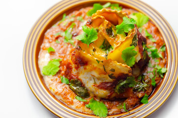 Hand rolled four cheese ravioli pasta in minced beef with Chianti red wine, garlic and herb ragu, and a bechamel sauce topped with pecorino cheese crumb and finished with fresh parsley