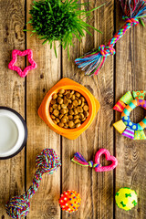 Pet accessories with dog and cat food and toys, top view