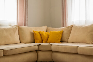 Home decor. Cozy stylish living room interior of modern apartment and trendy furniture. Contemporary interior design