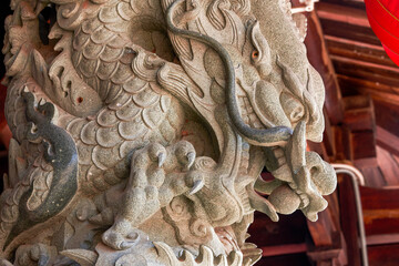 The top beam and pillar of the dragon relief sculpture in Chinese classical architecture