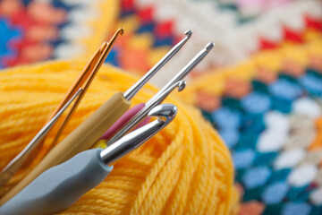Various crochet hooks close up