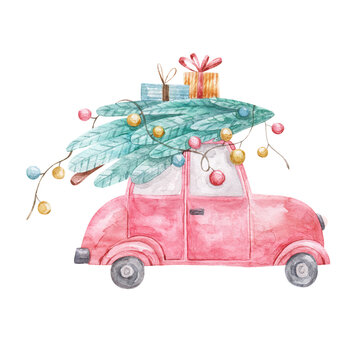 red christmas car with fir tree and new year gifts, cute illustration watercolor print, decor