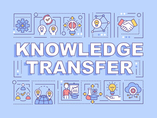 Fototapeta na wymiar Knowledge transfer word concepts banner. Personal experience sharing. Infographics with linear icons on blue background. Isolated creative typography. Vector outline color illustration with text