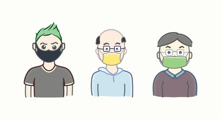 Set of cute cartoonish men wearing medical masks in flat vector illustration art design