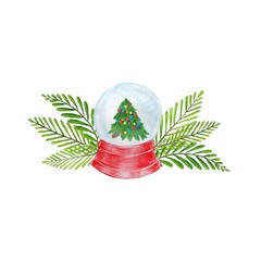 Watercolor cute christmas illustration, glass ball with snow and christmas tree.